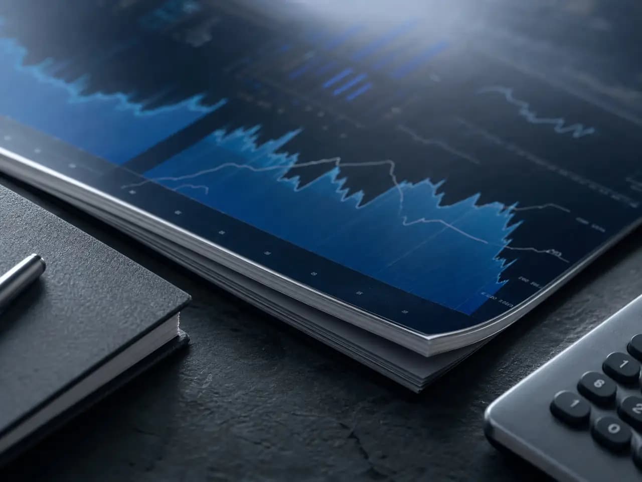 A printed market study on a dark desk.